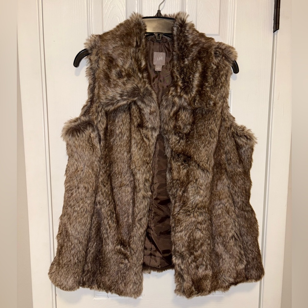 J. Jill Faux Fur Vest Women’s Medium Brown Plush Lined Boho Winter Luxury - Picture 2 of 7